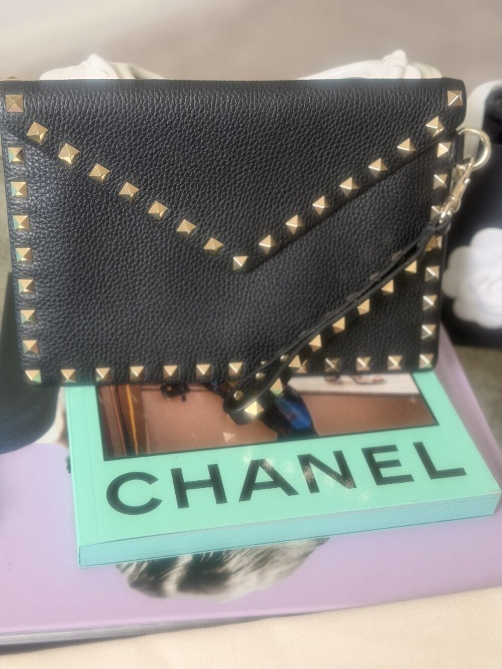 Valentino Garavani Rockstud Black Leather Wristlet Clutch Gold Studs